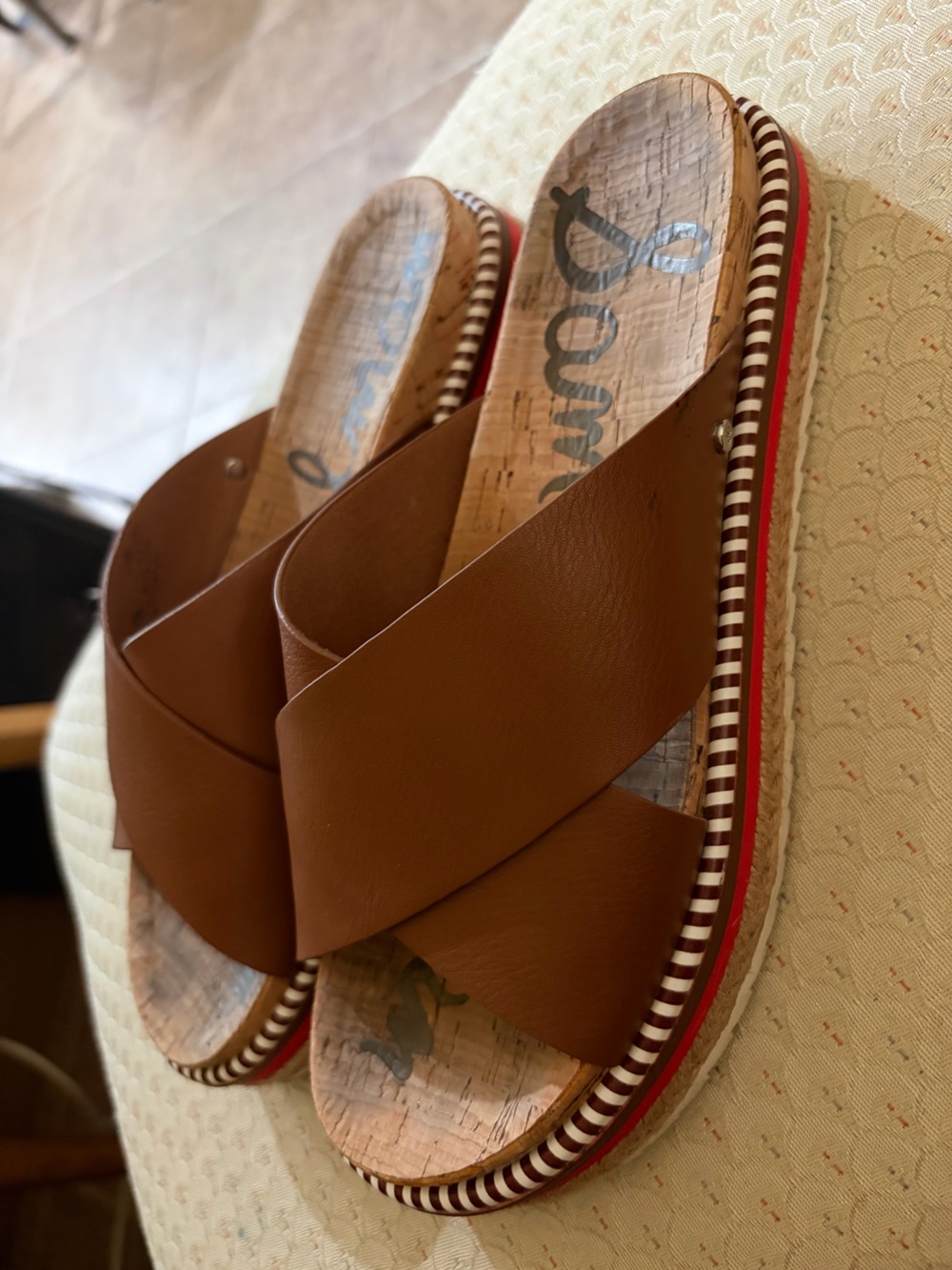 Sam Edelman Brown Leather Crisscross Slide Sandals with Red Accent